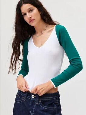 BDG Baseball Tee White V-Neck Long Sleeve Raglan Top with Teal Sleeves
